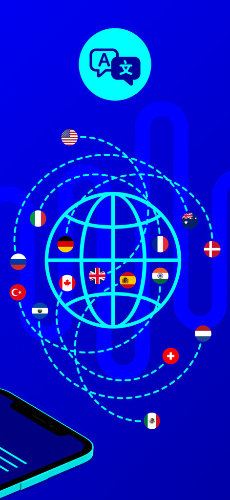 Dictation Pro - Voice to Text - Graphic illustration of a globe surrounded by international flags and a translation icon representing the app's multilingual support