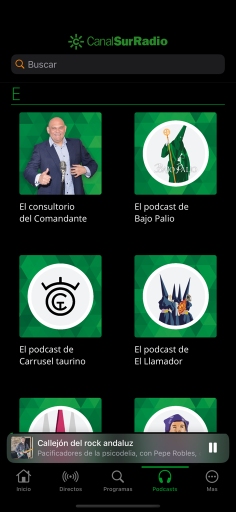 Canal Sur Radio app interface showing the podcasts library with regional Andalusian programs.