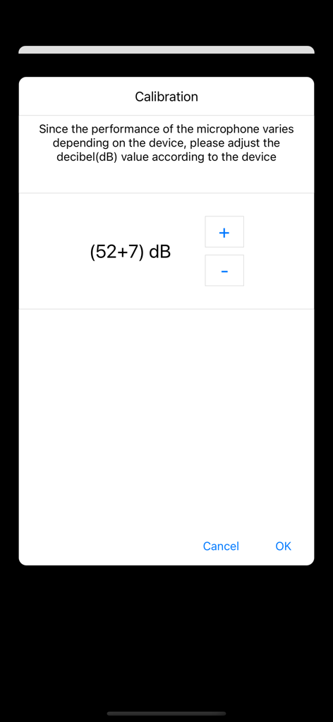 Sound Meter - Simple Detector - Calibration interface of the Sound Meter app showing decibel adjustment controls