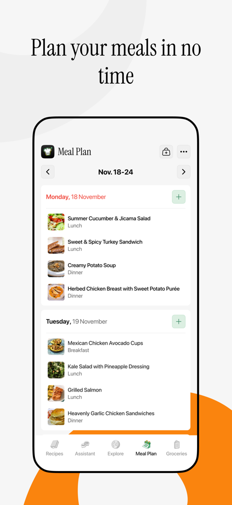 Interfaz de la aplicación WeChef que muestra un plan de comidas semanal con recetas programadas para el almuerzo y la cena