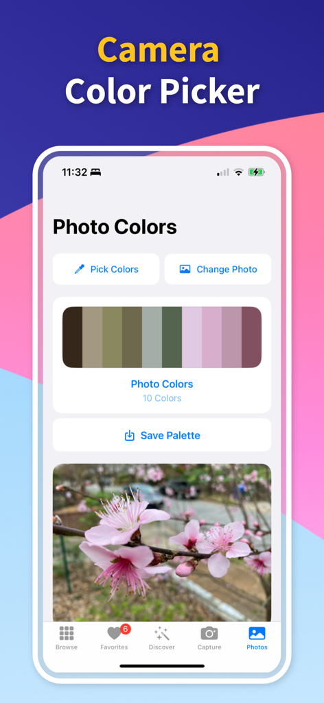 Color Identifier: Paint Match - Mobile app interface showing a color palette extracted from a photo of pink cherry blossom flowers.