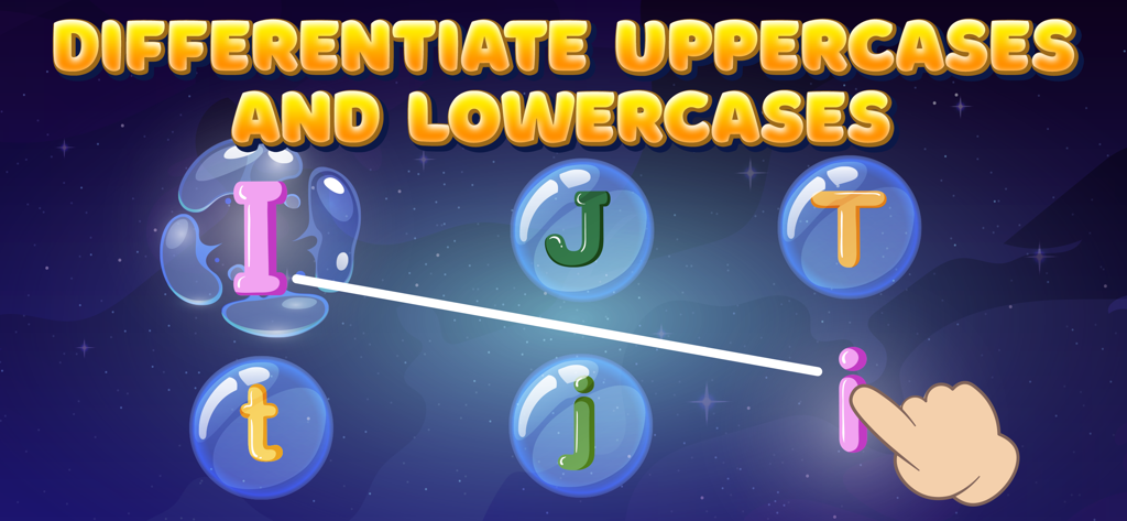 ABC learning games for kids 2+ - Interfaz de juego educativo para niños que muestra cómo emparejar letras mayúsculas y minúsculas en un entorno con temática espacial