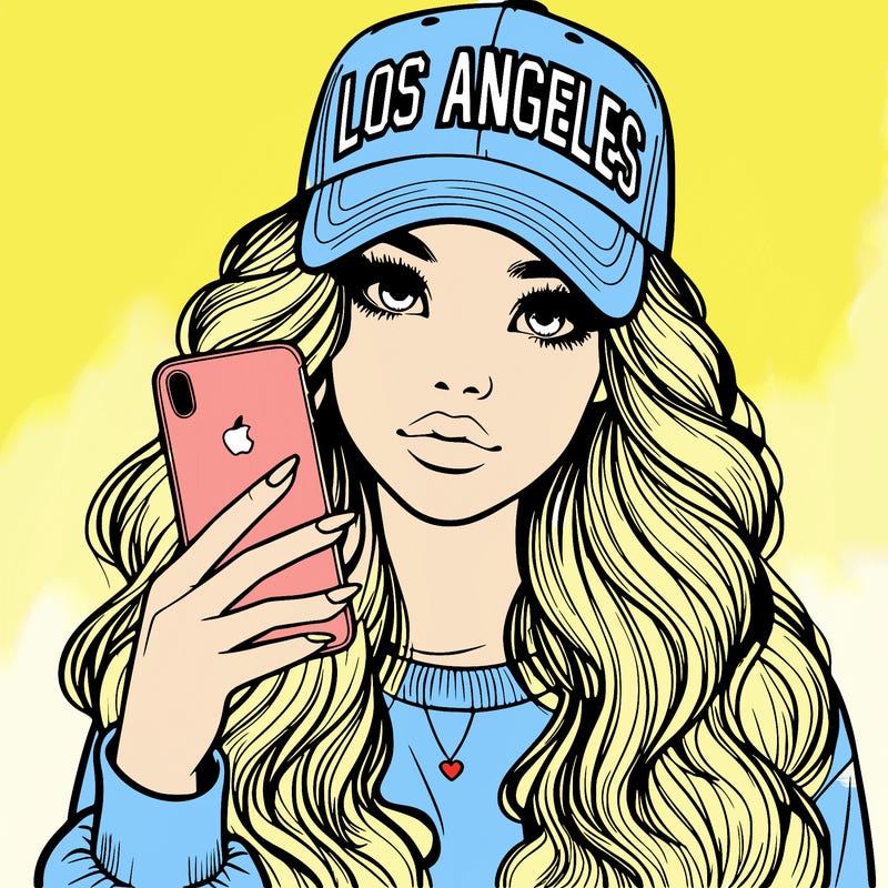 realistic beautiful girl wearing los ángeles cap holding an iphone