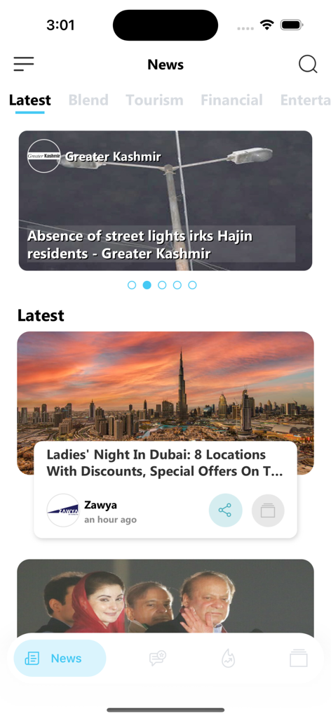 News Hunt app home screen displaying latest international and local news articles from reputable sources