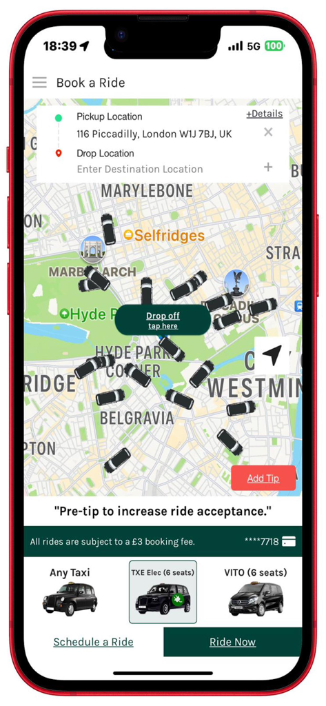 Taxiapp UK: London Black Cab - Taxiapp mobile screen showing a London map with available black taxis and ride booking options