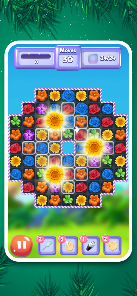 A match-3 gameplay screen from Blossom Burst Epic featuring a floral puzzle board with sunflowers and roses.