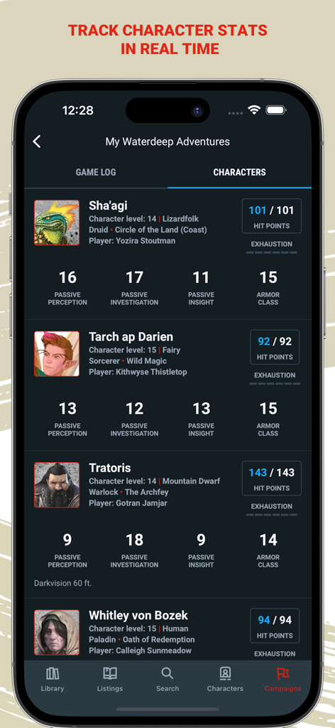 D&D Beyond app screen displaying multiple character statistics and hit points for a campaign group