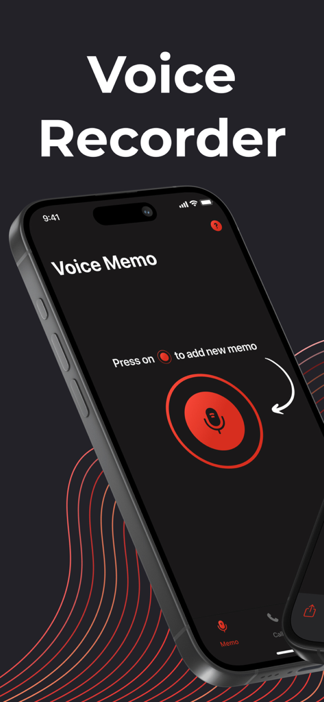 Pantalla de la aplicación VoiceNotes mostrando un gran botón rojo de grabación y un ícono de micrófono en una interfaz oscura profesional