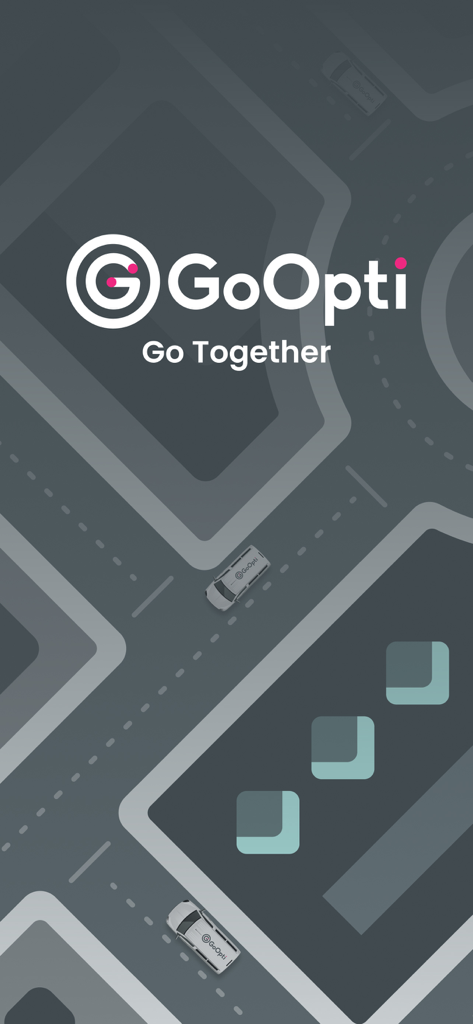 GoOpti - Logotipo de GoOpti y eslogan Go Together sobre un fondo de mapa gris oscuro con iconos de transporte.