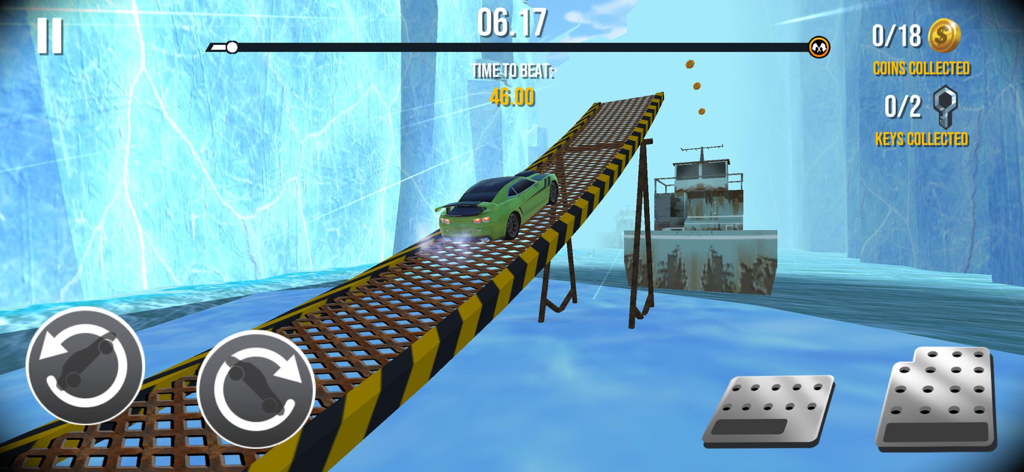 Stunt Car Extreme - Un coche deportivo verde conduciendo por una rampa de metal en una pista de glaciar helada con un barco al fondo