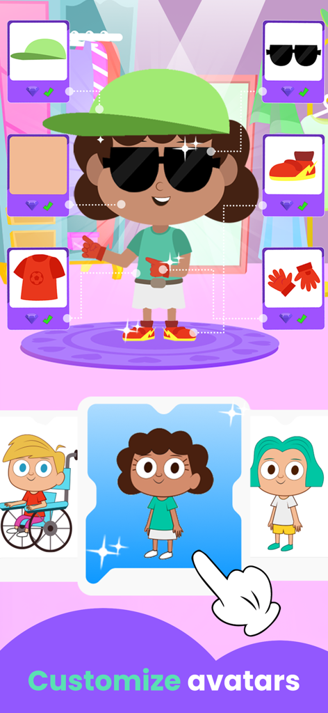 Ein Bildschirm aus der Backspiele für Kinder App, der Optionen zur Anpassung vielfältiger Charakter-Avatare zeigt.