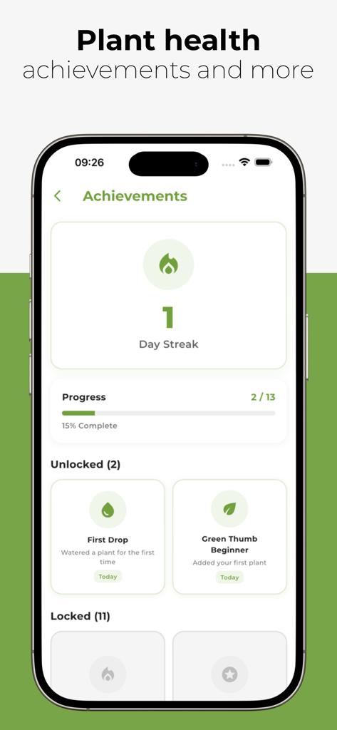 Plant-Care - Dashboard mit Erfolgen in der Plant-Care-App, das einen Eintages-Streak und freigeschaltete Abzeichen wie 'First Drop' und 'Green Thumb Beginner' zeigt.