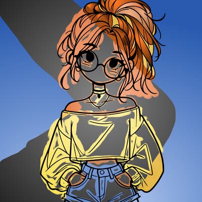 girl with a messy ponytail glasses a baggy crop top and jean shorts