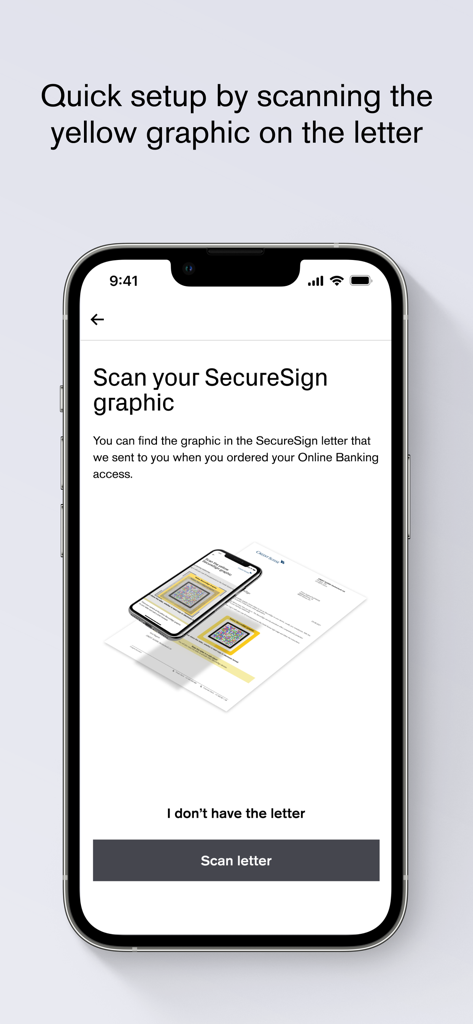 Credit Suisse SecureSign app setup screen for scanning a security graphic from a bank letter