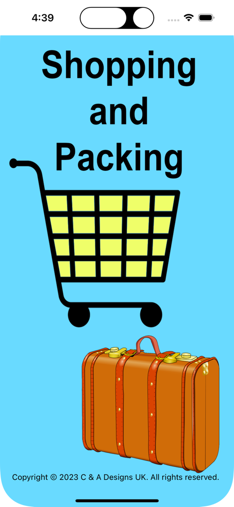 Picking List - Schermata di benvenuto dell'app Picking List con un carrello della spesa e una valigia vintage su sfondo azzurro