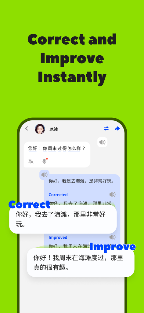 LingChat – AI Speaking Friends - Smartphone screen showing LingChat app correcting and improving Chinese sentences in a chat conversation.
