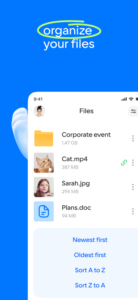 Mobile app interface showing file organization and sorting options in cloud storage