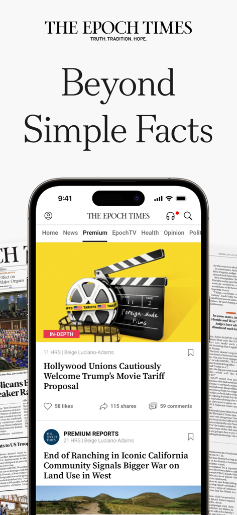 The Epoch Times app showing premium news articles and political commentary on a mobile phone