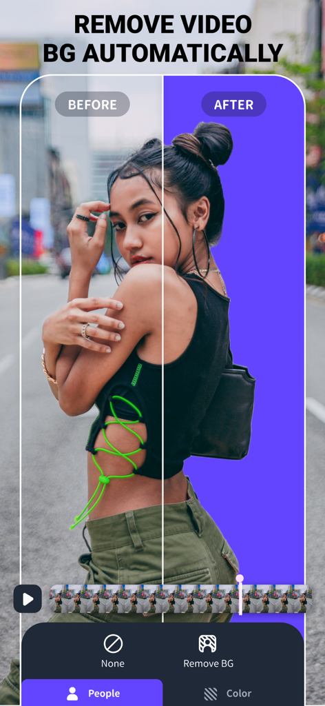 Video Eraser & Remove Objects - Before and after comparison of the automatic video background removal feature showing a woman with a street background and then a solid purple background