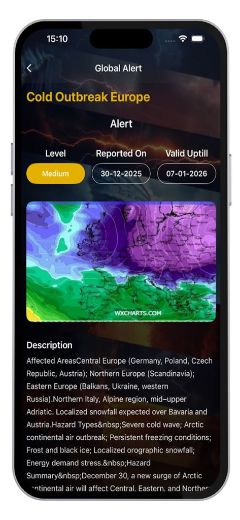 Global Disasters Early Warning - A weather alert screen for a cold outbreak in Europe showing a medium risk level and a temperature map.