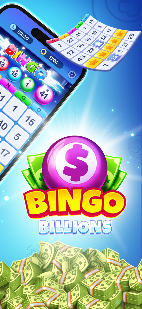 Bingo Billions mobile app interface featuring skill-based bingo gameplay and stacks of cash