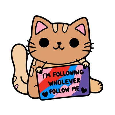 cat with a sign that says i’m following whoever follows me