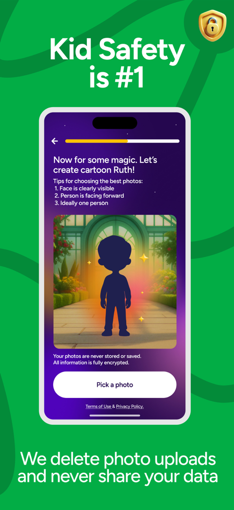 Giant app screen emphasizing kid safety and photo privacy with encryption and data deletion information.