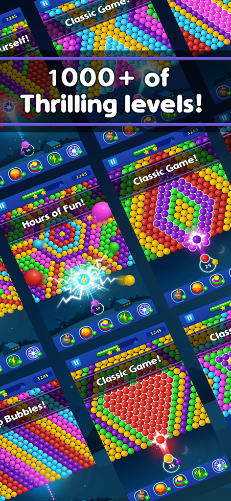 Bubble Pop Game! Ball Shooter - Una colección de capturas de pantalla del juego Bubble Pop mostrando varios niveles y jugabilidad del shooter de burbujas de colores.