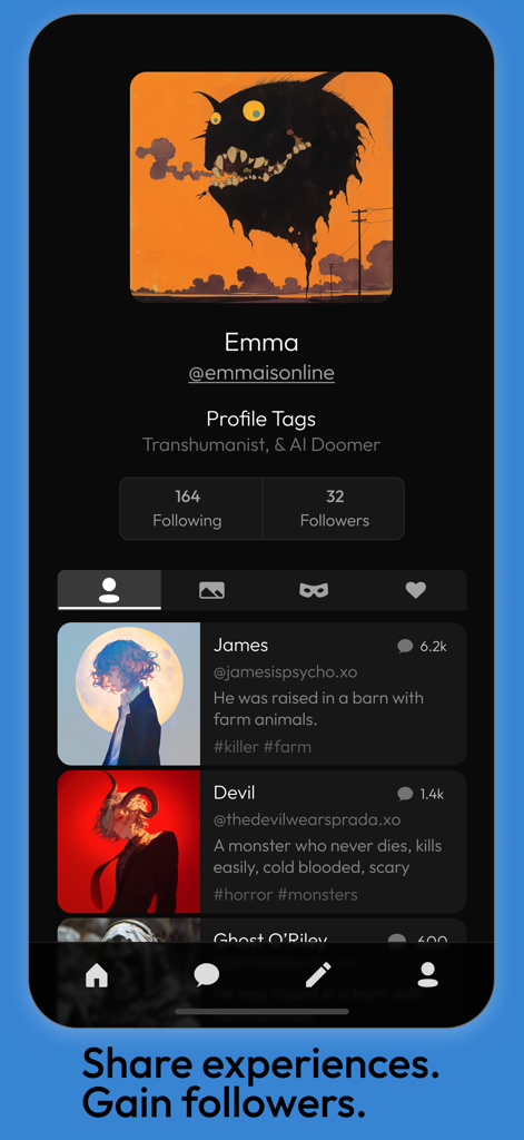 La pantalla del perfil de usuario de la aplicación Xoul AI que muestra personajes personalizados y funciones de red social.