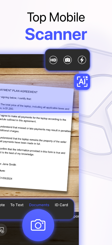 Interface do aplicativo MobiScan mostrando um documento sendo digitalizado com recursos de aprimoramento por IA