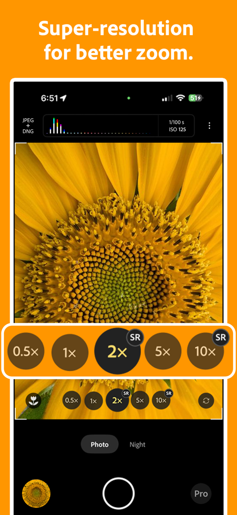 Project Indigo camera interface showing super-resolution zoom feature on a close-up sunflower.