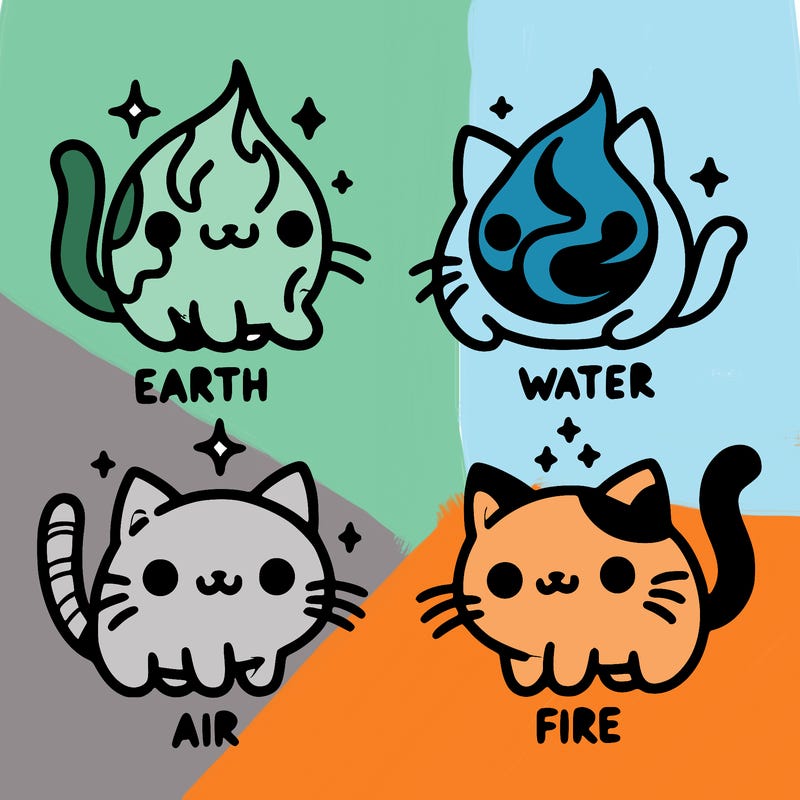 4 cats that represent the different elements, earth, water, air, and fire