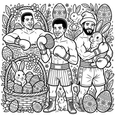 Step into the ring for an Easter celebration like no other with our unique coloring page. Featuring legendary boxers enjoying the festive season alongside adorable bunnies and decorated eggs, this printable promises hours of creative fun.