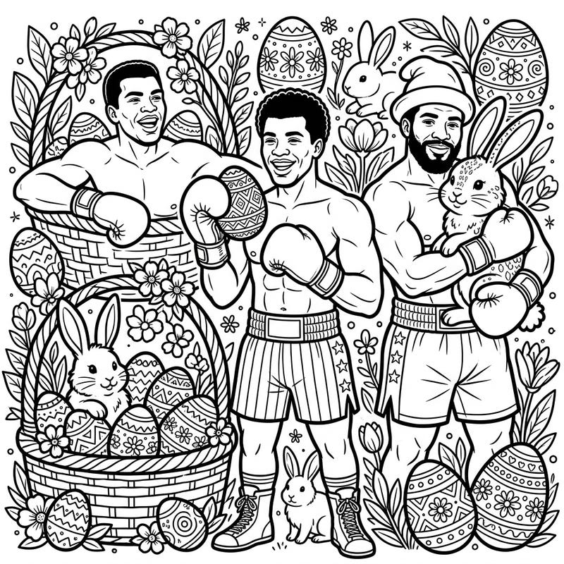 Step into the ring for an Easter celebration like no other with our unique coloring page. Featuring legendary boxers enjoying the festive season alongside adorable bunnies and decorated eggs, this printable promises hours of creative fun.