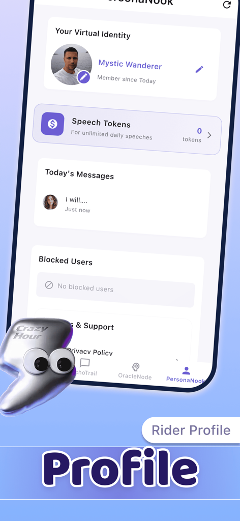 Swiya - Easy & Fun - Interfaz de la aplicación Swiya mostrando la identidad virtual de un usuario y la configuración del perfil