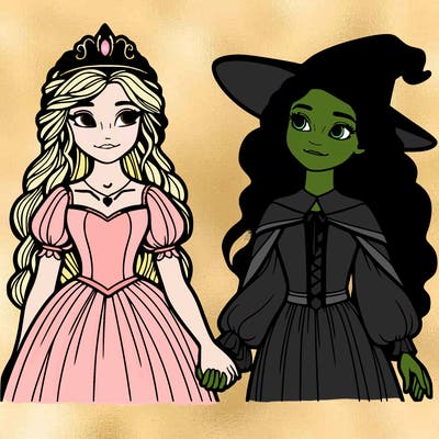 a princess and a witch holding hands realistic