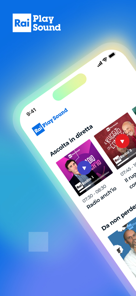 RaiPlay Sound: radio e podcast - RaiPlay Sound アプリのモバイルインターフェース。イタリアのライブラジオチャンネルと注目のコンテンツを表示しています。