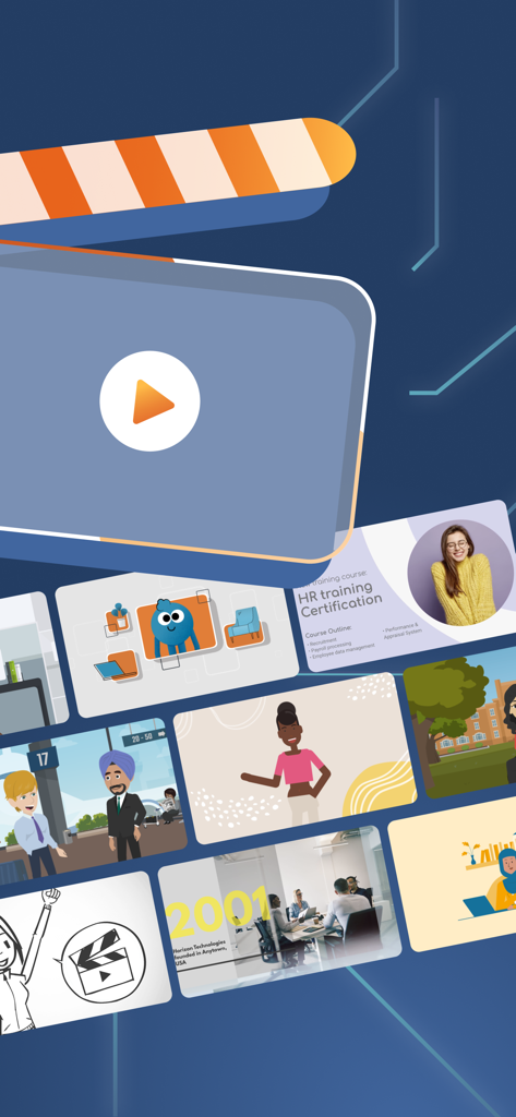 A collage showing diverse video styles in Vyond including 2D animated characters corporate training slides and photorealistic office scenes