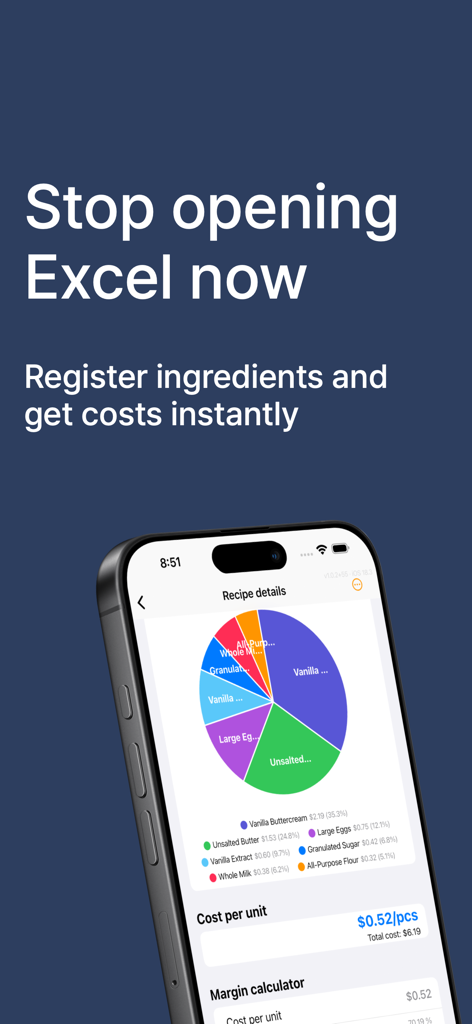 KitchenCost: Recipe Costing - KitchenCost mobile app showing a pie chart breakdown of recipe ingredient costs and a margin calculator on an iPhone.