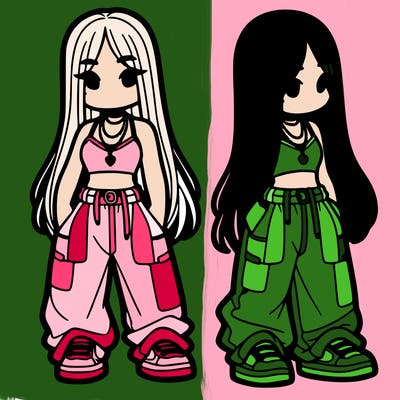 girl in baggy pants crop top and long hair