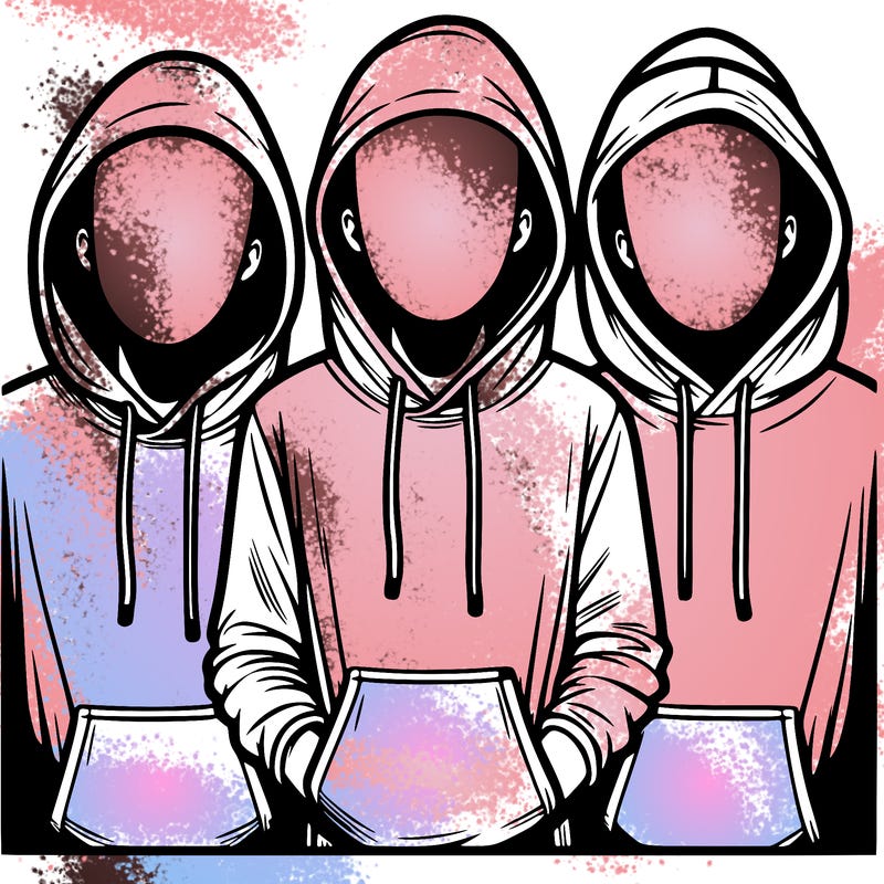 3 faceless people in  hoodies