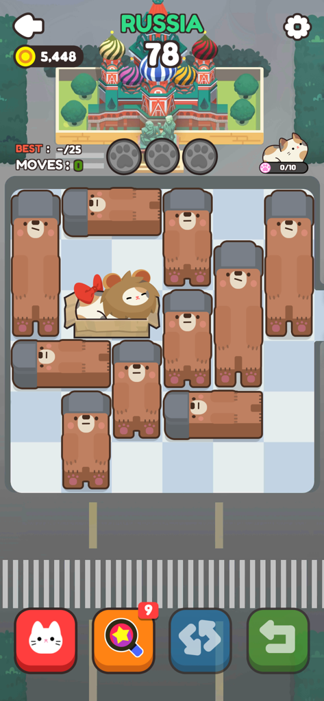 Push Push Cat - A sliding block puzzle level in Push Push Cat featuring a Russia theme with bears and a cat in a box