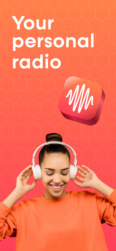 A woman wearing headphones enjoying music on the Eter personal radio app