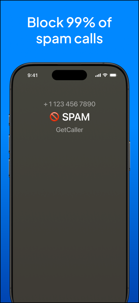 iPhone screen showing GetCaller app identifying an incoming call as spam