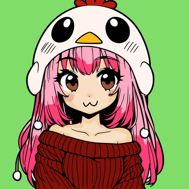 anime girl with chick shaped hat with sweater with bare shoulders with bangs covering them one eye with low tail