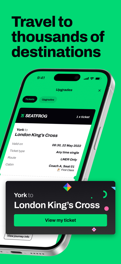 Seatfrog: Rail Journey Planner - Seatfrog app screen showing a digital train ticket for a journey from York to London Kings Cross
