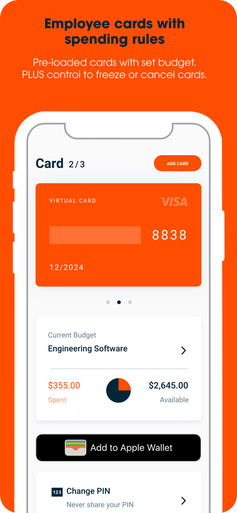 Budgetly app interface showing a virtual employee card with spending rules and budget status