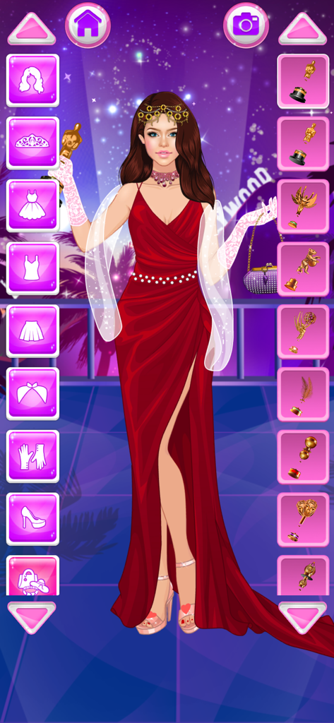 Dress Up for Girls: Star Doll - A digital doll wearing a red evening gown and holding a trophy in a Hollywood red carpet setting