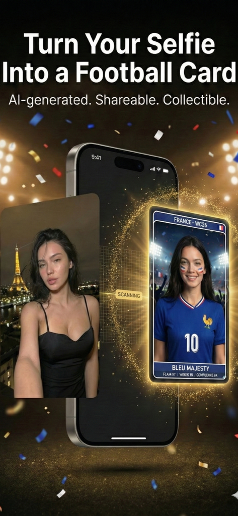 A woman's selfie being transformed into an AI-generated France football fan card within the Glorio app