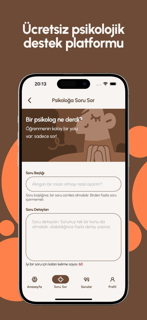 Psikolojik Destek - Psikologca - Interface of the Psikologca app showing a form to ask a question to a professional psychologist.
